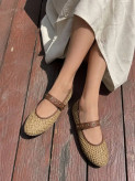 women brown woven raffia mary jane flat with buckle strap